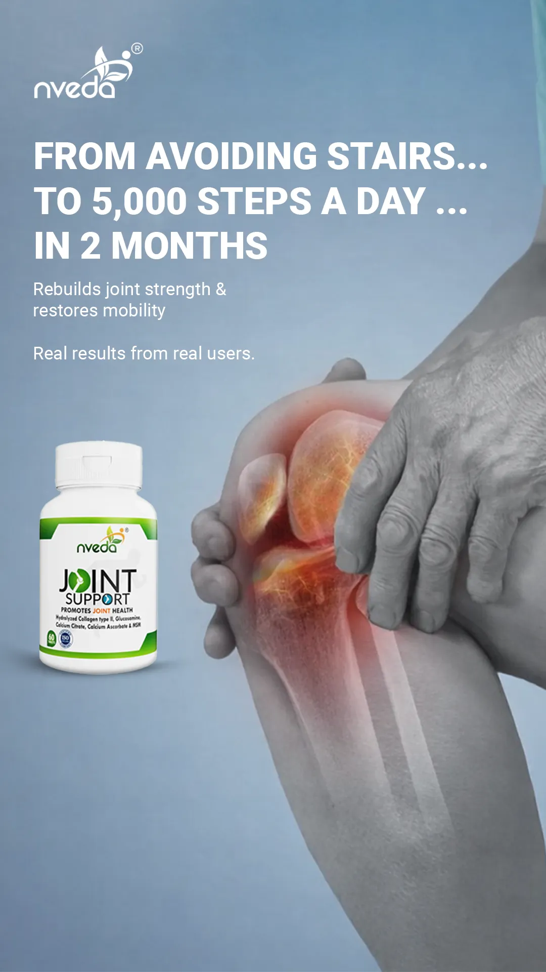 Supplements static ad: "From avoiding stairs... To 5,000 steps a day ... In 2 months"